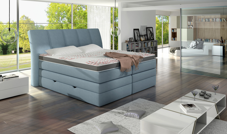 KORFU łóżko kontynentalne 180x200 z pojemnikiem na pościel, dwa materace + topper (1)