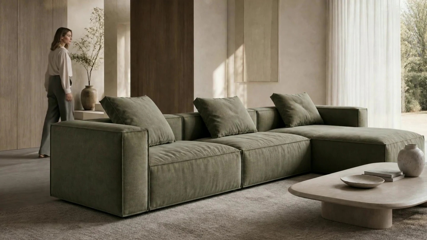 Ciemnozielona modułowa sofa Evo w minimalistycznym salonie