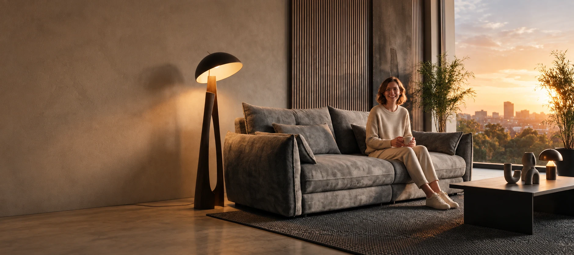Sofa Flow z dwoma niezależnymi modułami w ciepłym świetle, kobieta odpoczywająca z filiżanką