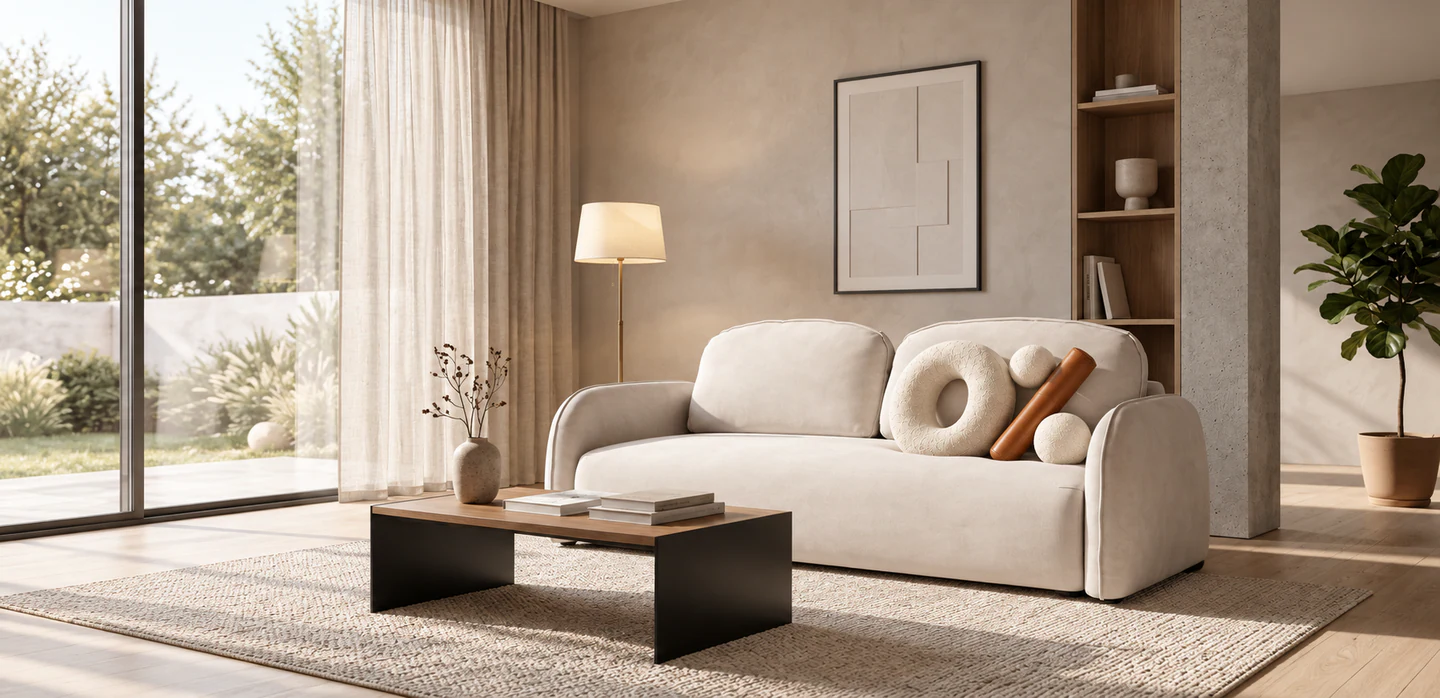 Sofa Riana i przestrzenna instalacja zero procent w eleganckim salonie