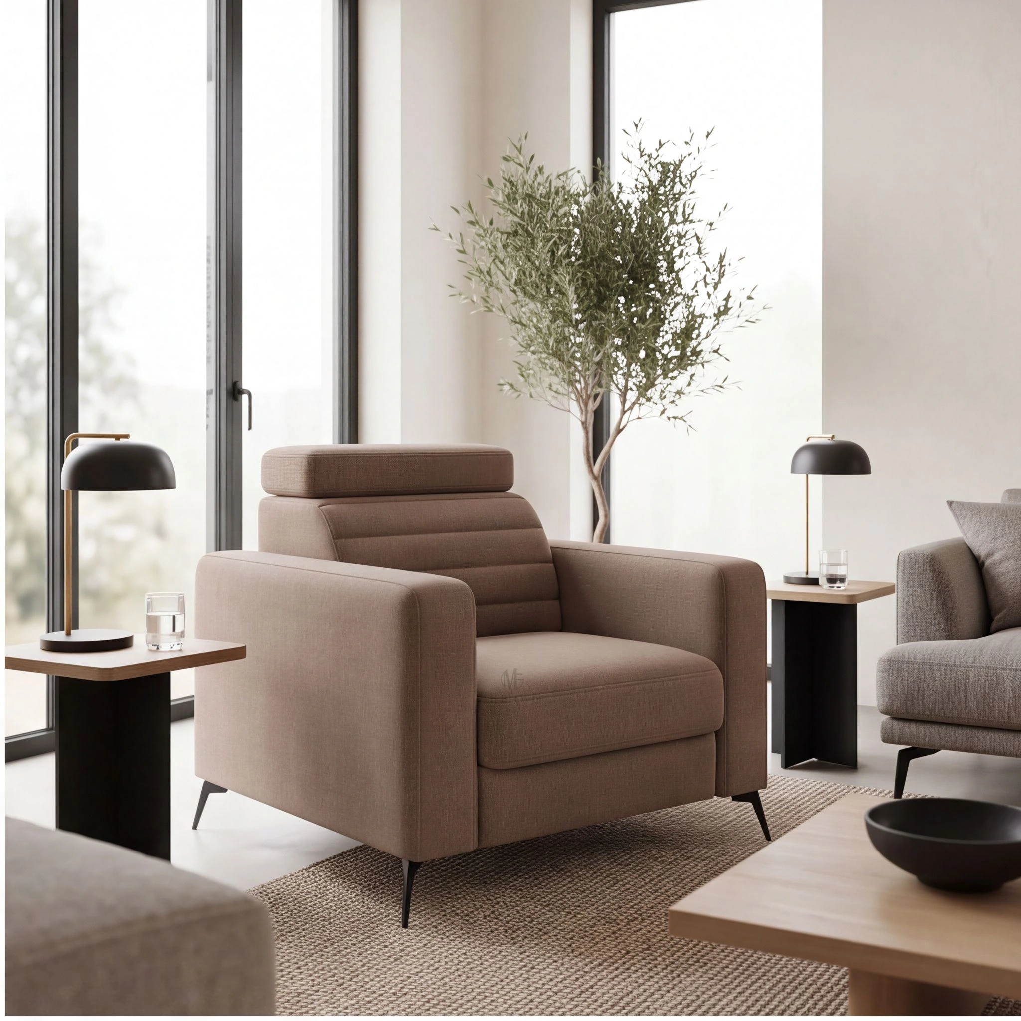 fotel moso — taupe, widok trzy czwarte — 20261010 Fotel Moso, taupe, widok trzy czwarte