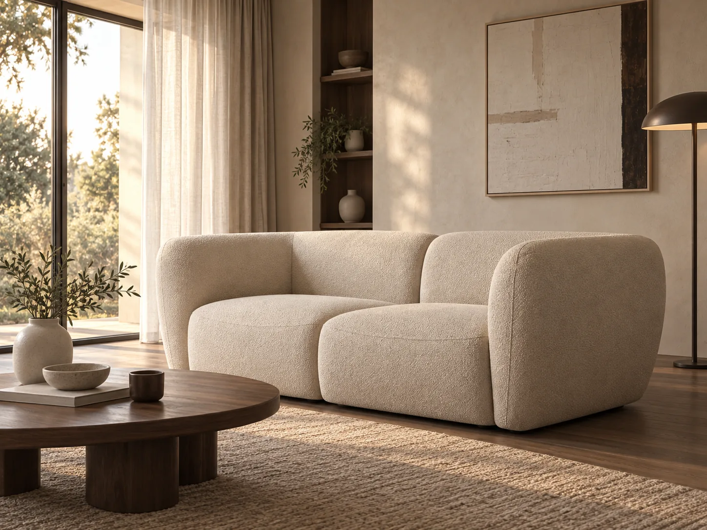O nas Sofa Cloud w jasnym wnętrzu — wizualizacja